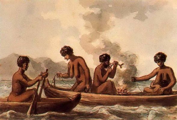 1790 circa watercolour of Indigenous people fishing in Sydney Harbour attributed to Phillip G King SLNSW