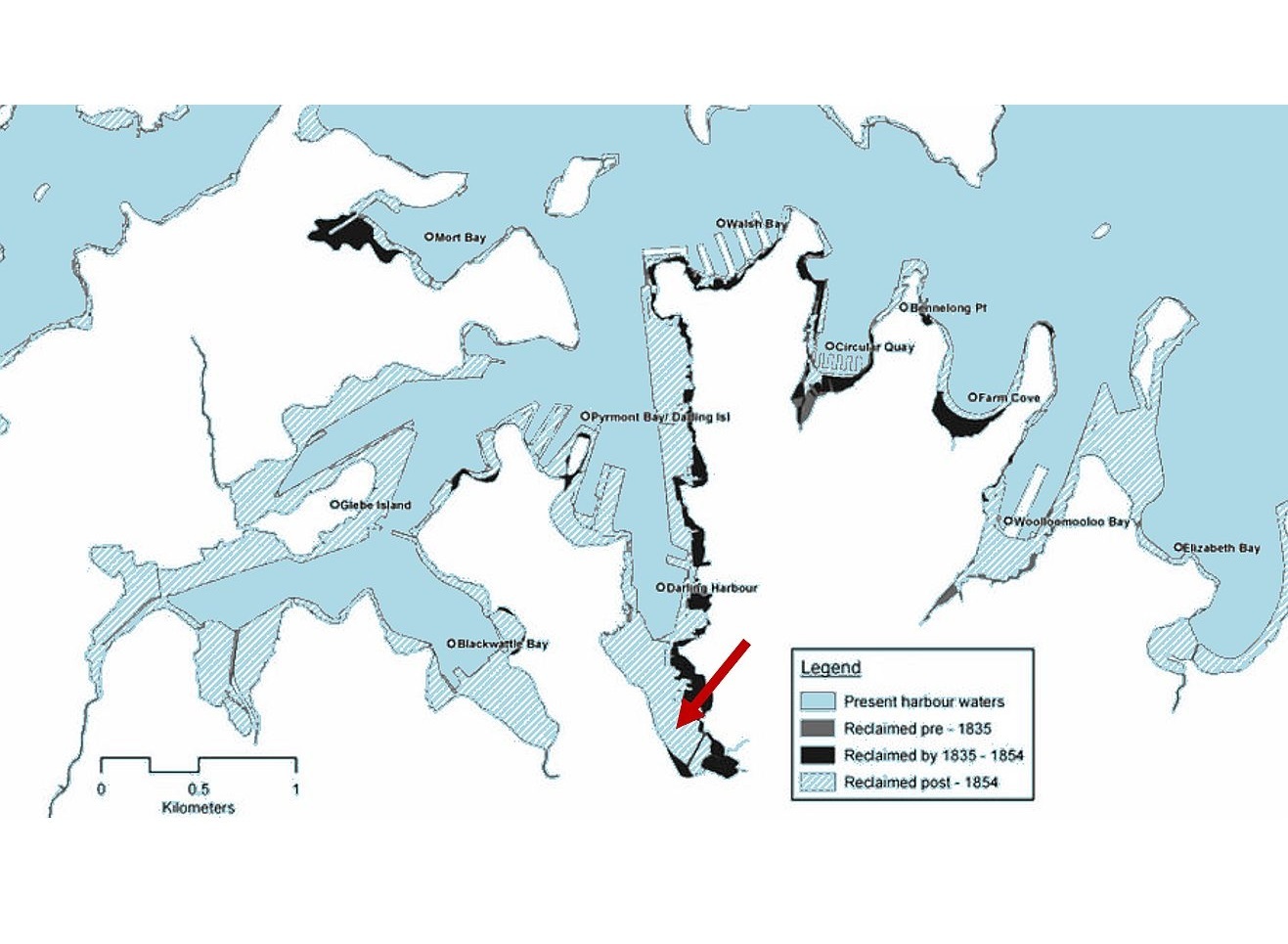 Diagram map of where when Sydney Harbour has been infilled Gavin Birch 2009