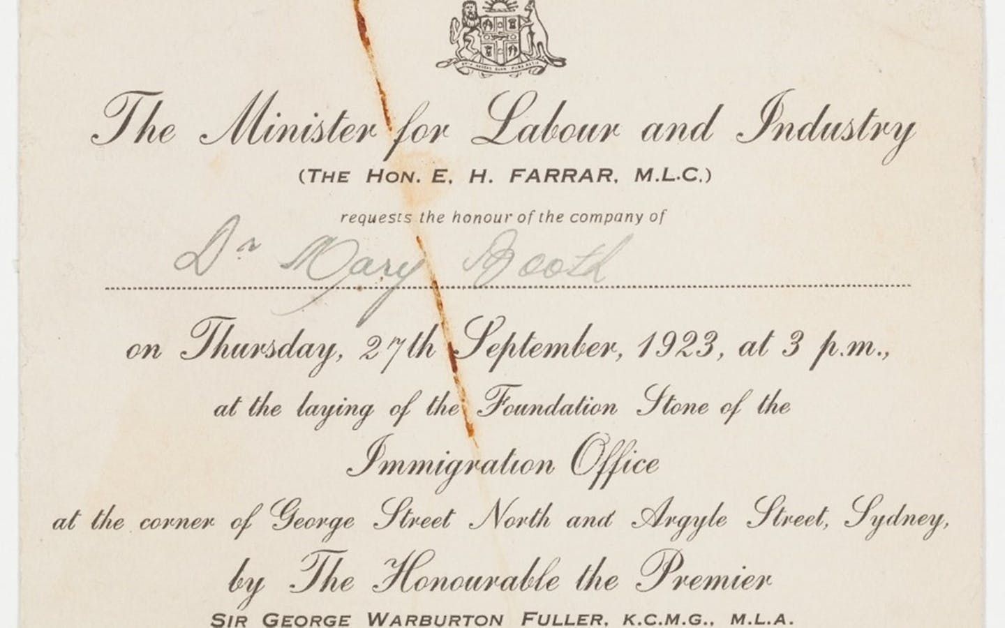 Invite to Mary Booth for foundation ceremony 132 George Street 1923 Mitchell Library