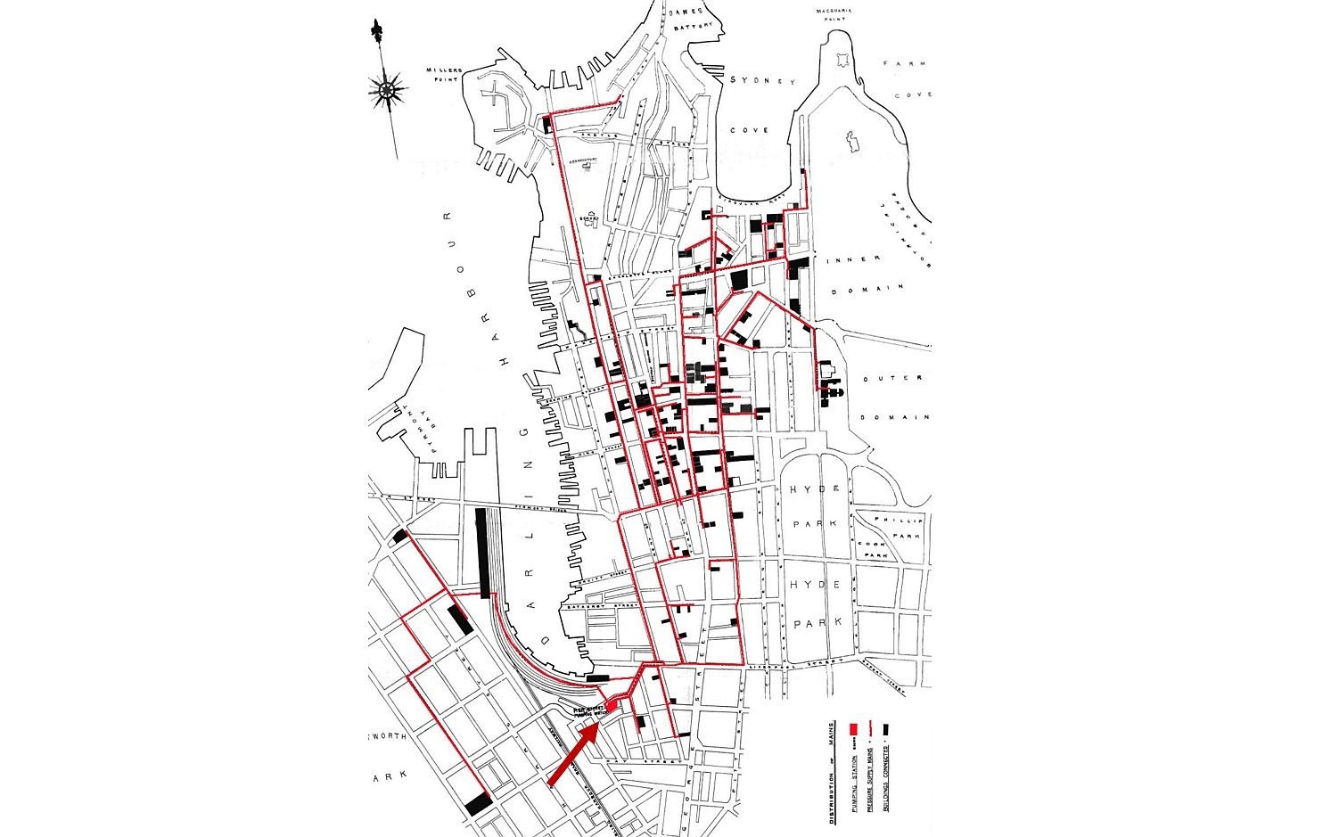 1894 Diagram map of Sydney by Tom Dickinson showing distribution of pressurised water with arrow SLNSW edited by PMNSW