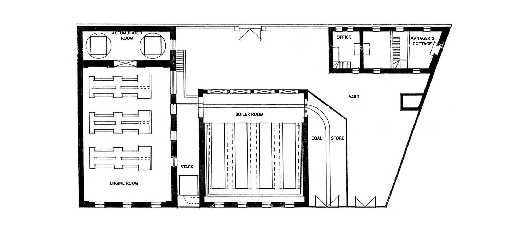 Diagram of original floor plan of the Pumphouse Don Godden 1979 redrawn by AHMS 2009